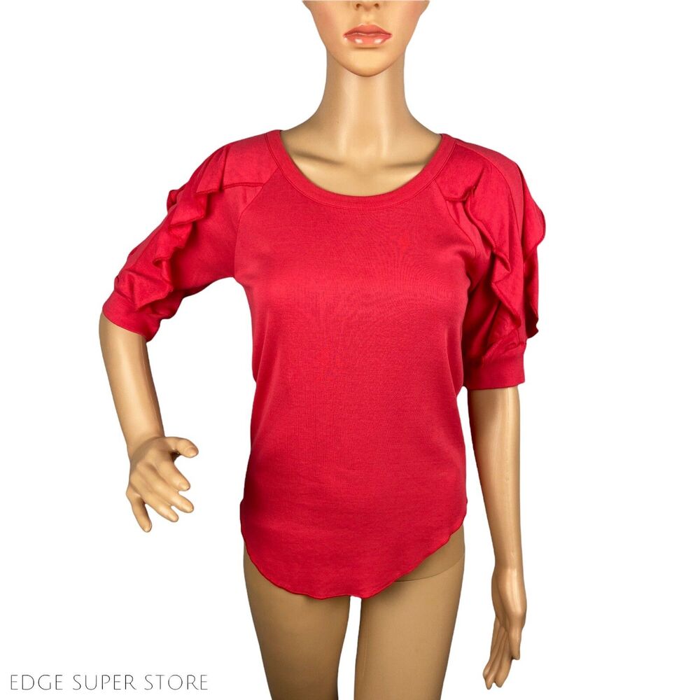Chaser Brand Baby Rib Watermelon Pink Ruffle Short Shirred Sleeve Top Sz Small